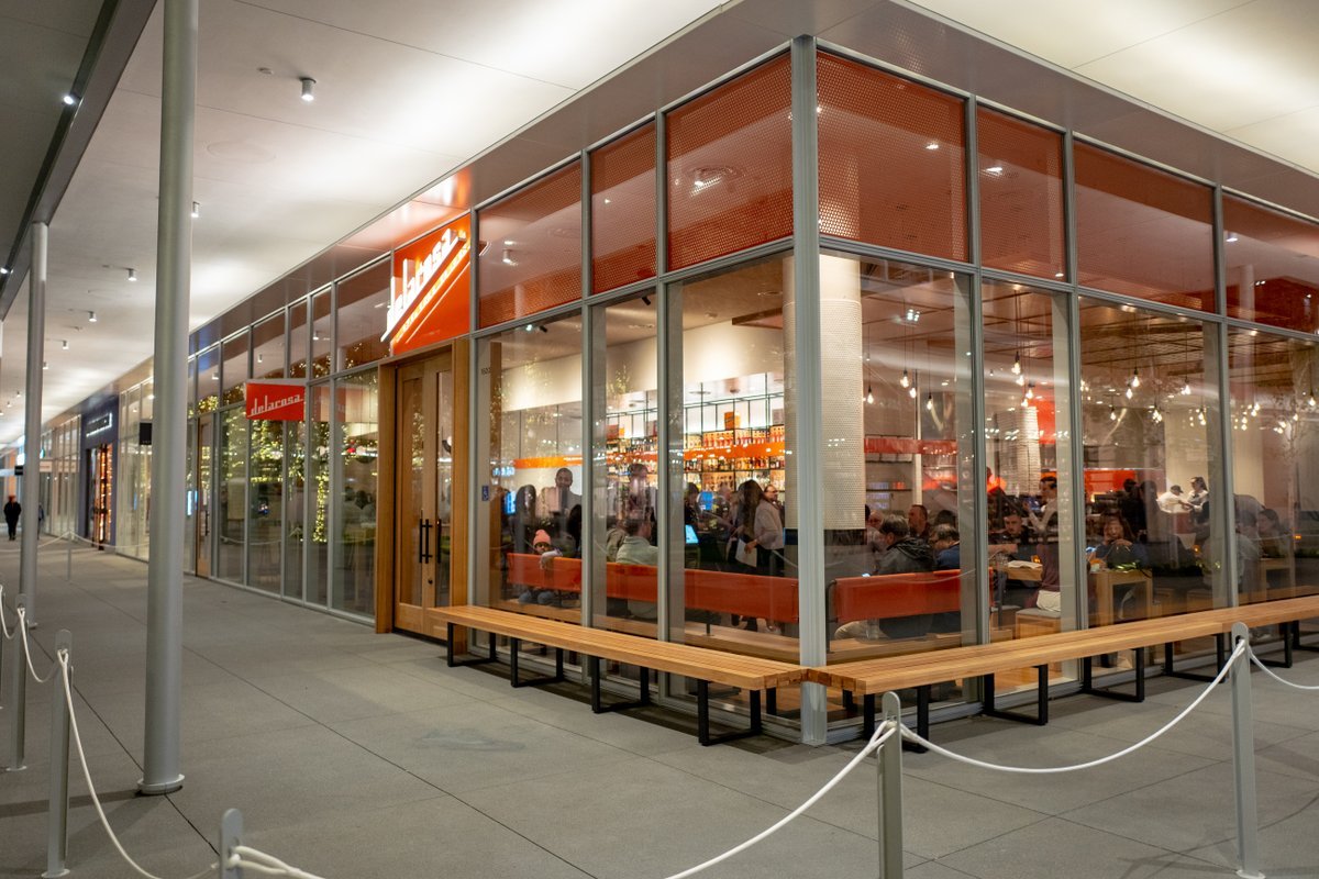 Exterior of restaurant during grand opening event at Delarosa restaurant in City Center Bishop Ranch shopping center in San Ramon, California, November 20, 2019. Delarosa is an example of the trend towards iconic San Francisco restaurants opening locations in the affluent East Bay.