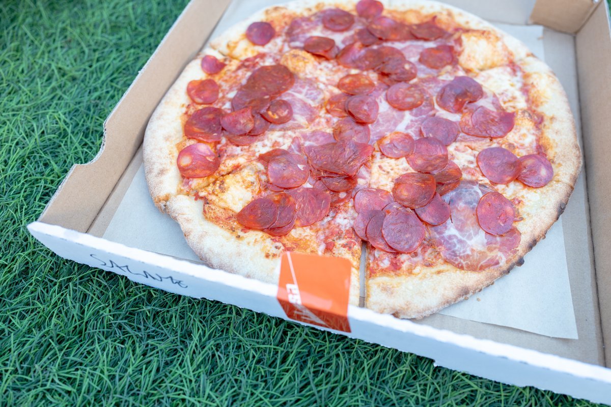 Close-up of a Delarosa pepperoni pizza in a white pizza box in San Francisco, California, December 18, 2020.