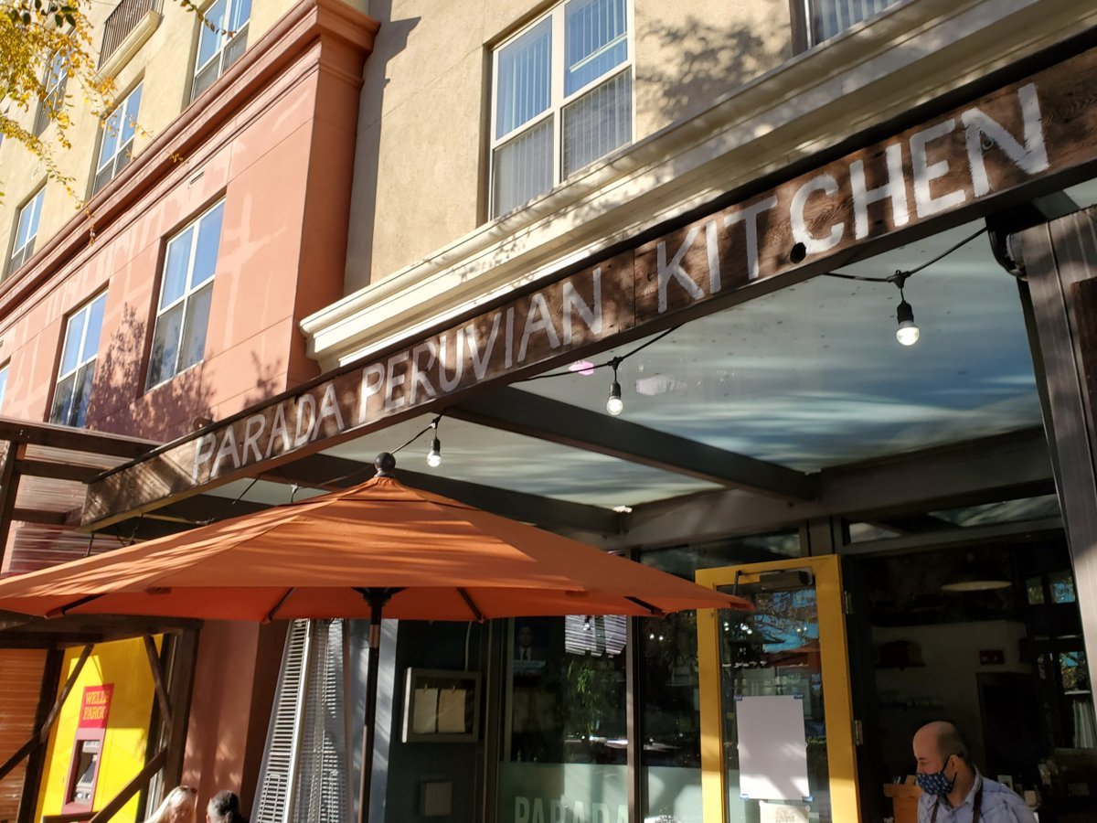 Low angle view of the entrance to the Parada Peruvian Kitchen and Bar with the prominent signboard above in Contra Costa Centre, California, November 30, 2020.